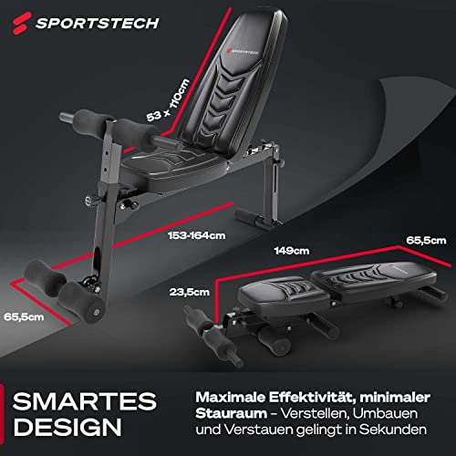 Sportstech BRT500 Hantelbank für Zuhause, 17-fach verstellbar, Schräg- und Flachbank, mit Beincurler, klappbar, Liegestützgriffe, 300 kg belastbar, Ganzkörper-Workout, Multifunktions Fitnessbank