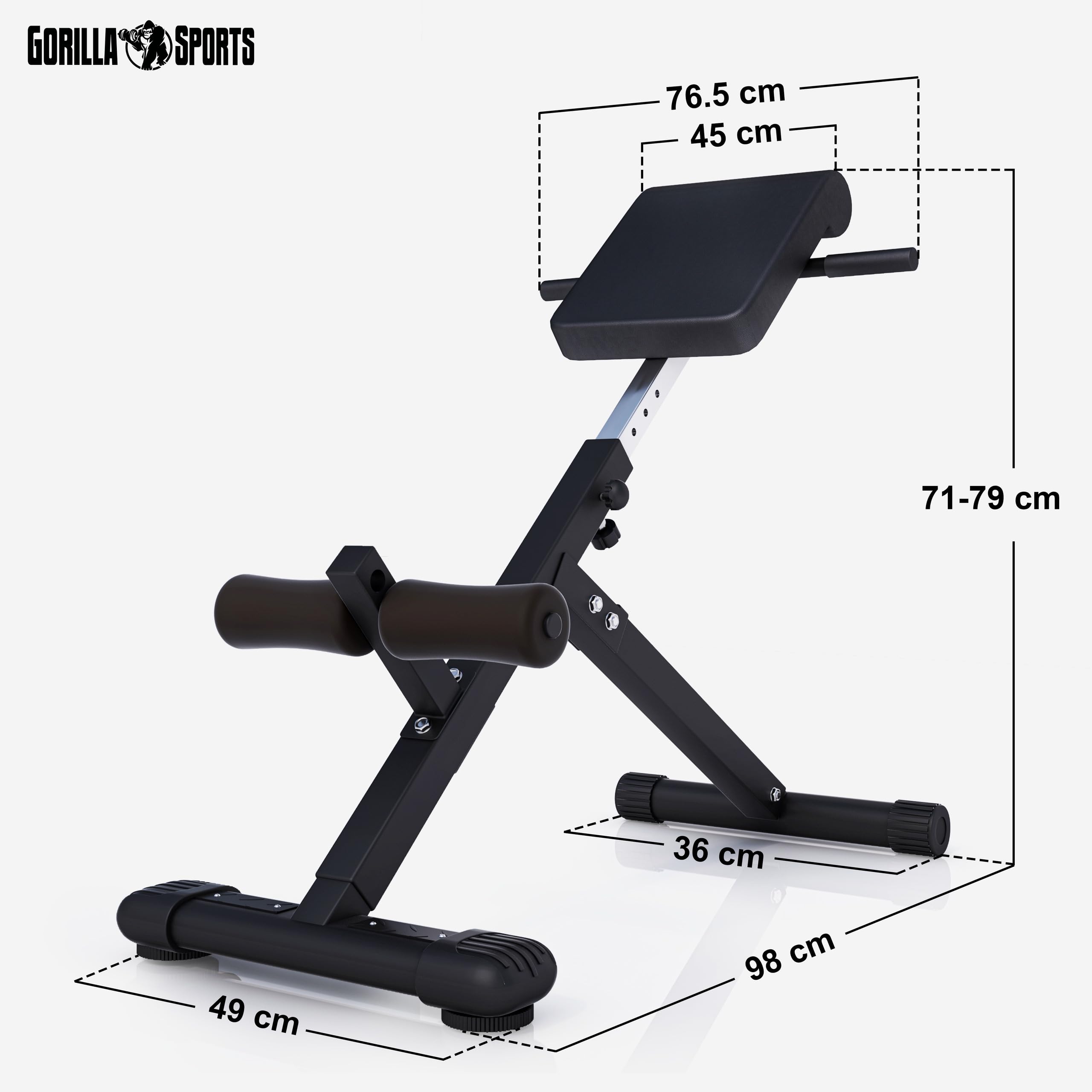 GORILLA SPORTS® Hyperextension Rückentrainer - 5-fach Verstellbar, Klappbar, mit Beinfixierung, bis 120 kg, Schwarz/Weiß - Rückenstrecker, Bauchtrainer, Römischer Stuhl, Fitness, Training, Home Gym